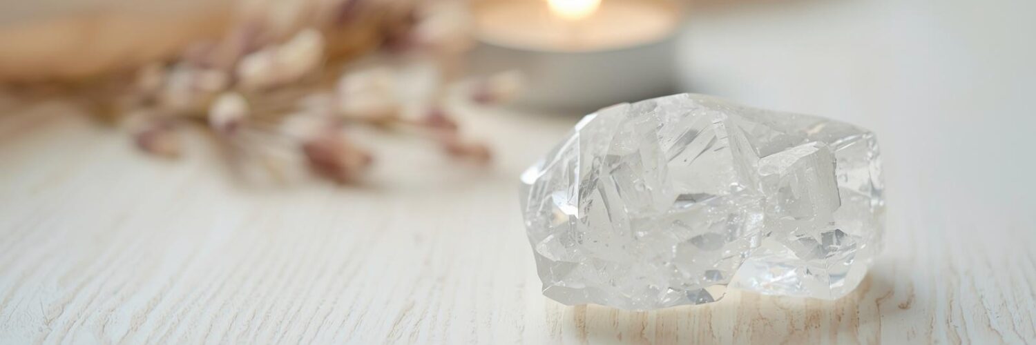 Cristal de roche brut transparent sur fond bois — lithothérapie Isha Kriya