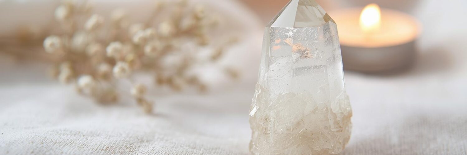 Cristal de roche — Pierre amplificatrice universelle Cristal de roche brut transparent sur fond bois — lithothérapie Isha Kriya