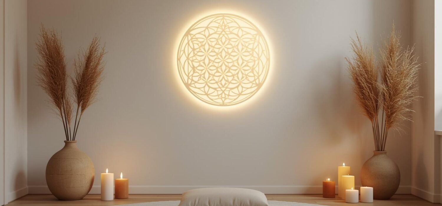 Espace de méditation avec plaque Fleur de Vie — rituels énergétiques pour personnes hypersensibles