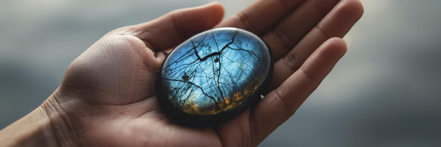 Labradorite en main reflets bleus — intuition Isha Kriya