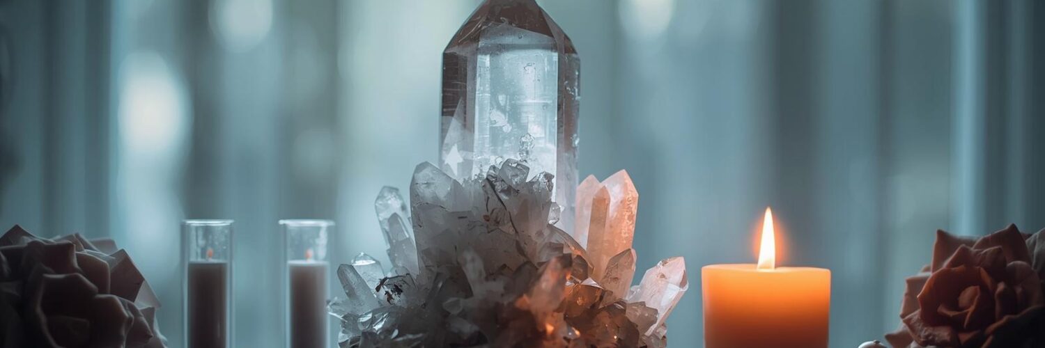 Pointe cristal de roche — diriger l’énergie en grille Pointe de cristal de roche sur autel — grille de cristaux Isha Kriya