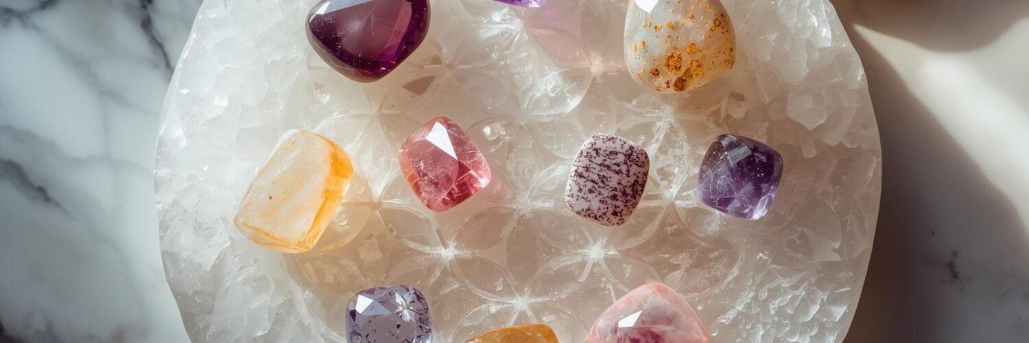 Pierres naturelles posées sur une plaque sélénite Fleur de Vie pour purification et rechargement énergétique