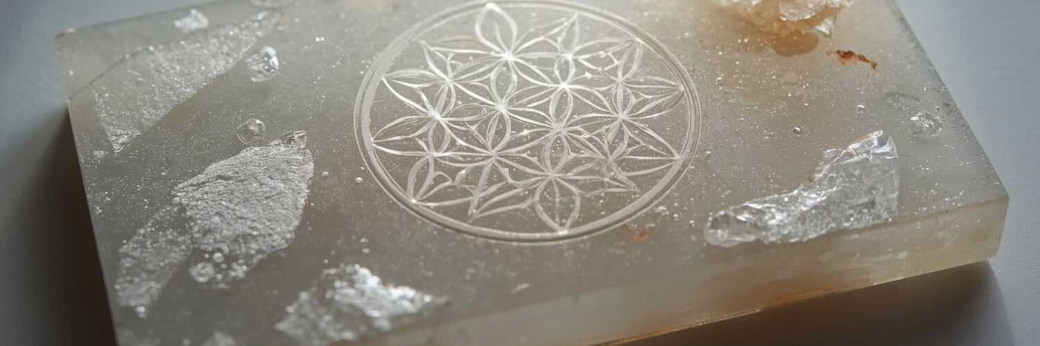 Plaque de sélénite naturelle gravée de la Fleur de Vie — symbole sacré de purification et d'harmonie