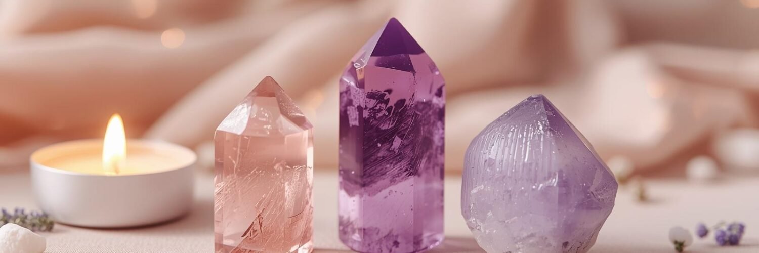 Trio quartz rose améthyste sélénite — harmonie Isha Kriya