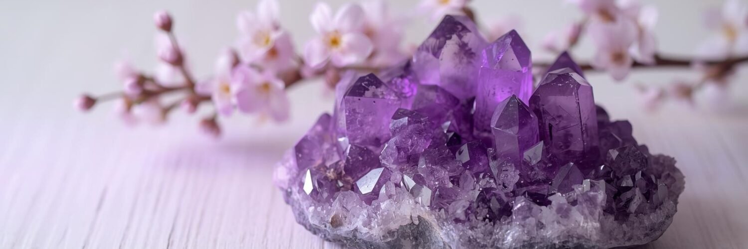 Pierres d'améthyste naturel entourée de fleurs douces dans une lumière violette tendre sur fond bois clair, ambiance douce et bienveillante pour s'apaiser