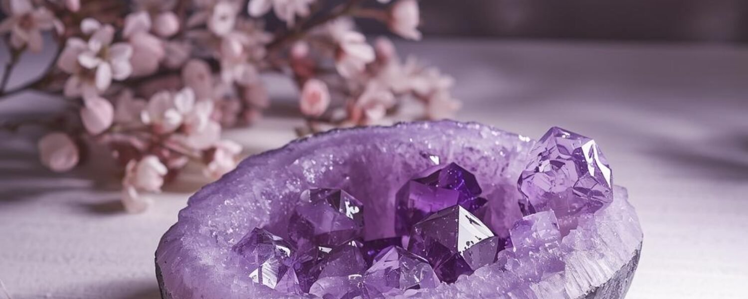 Pierres d'améthyste naturel entourée de fleurs douces dans une lumière violette tendre sur fond bois clair, ambiance douce et bienveillante pour s'apaiser