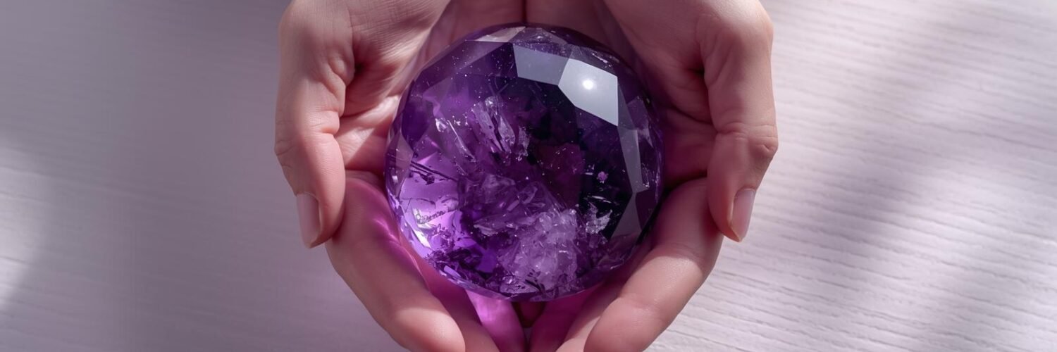 Améthyste polie facettée tenue dans les mains, lumière douce — pierre de sérénité Isha Kriya