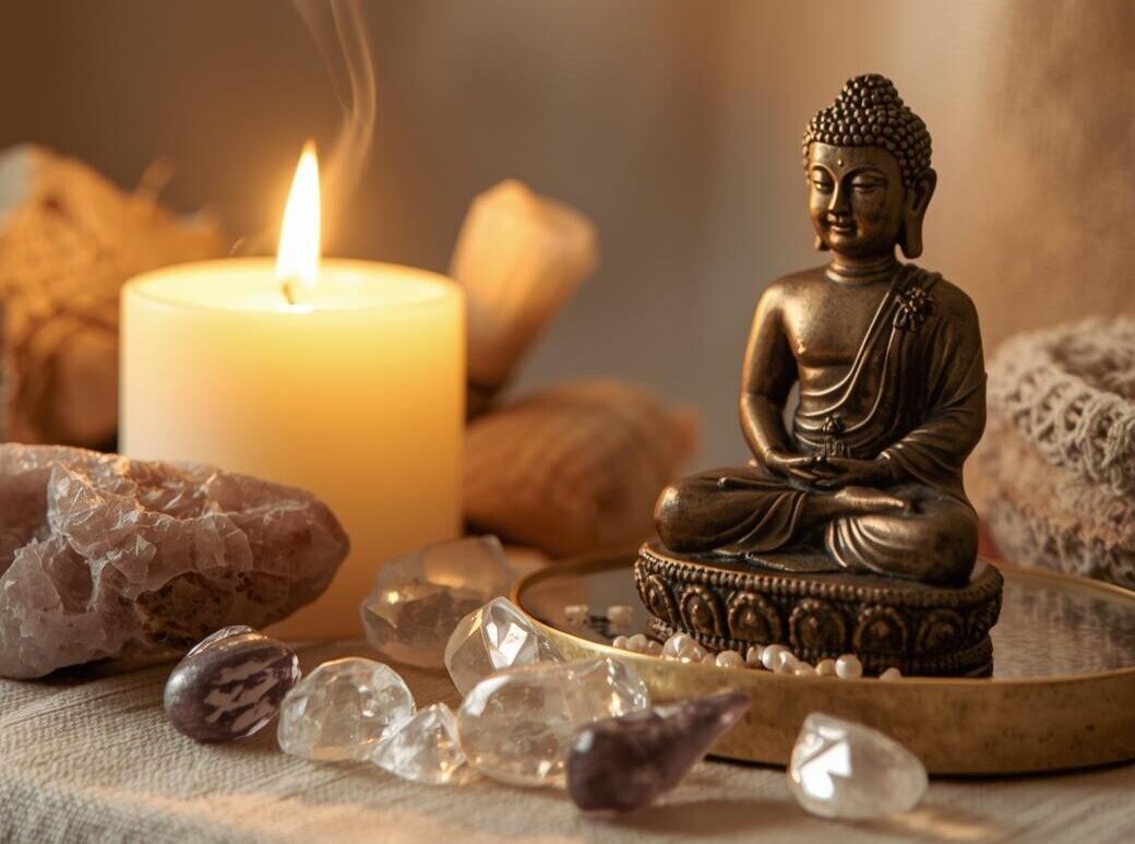 autel avec cristaux sur fond doux un peu cocooning + bougie + encens + bouddha méditant (1) Autel de cristaux à la maison — espace sacré lithothérapie Isha Kriya