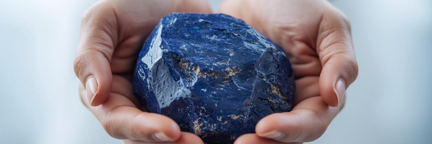 grosse pierre brute de Lapis-lazuli bleu profond dans les mains — sagesse fond doux et clair Lapis-lazuli bleu profond en main — sagesse Isha Kriya