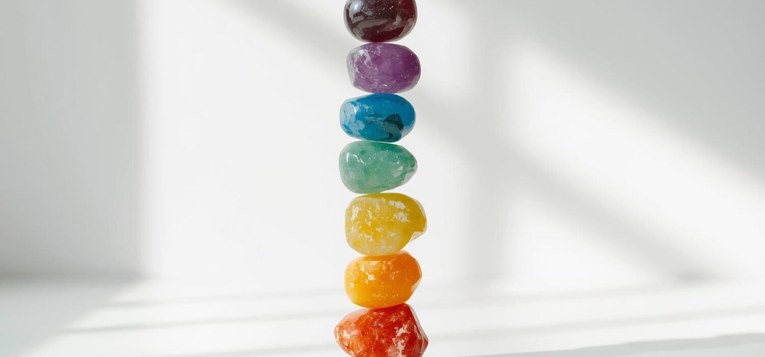 les 7 pierres chakras disposées en colonne, fond épuré, lumière naturelle Les 7 pierres des chakras alignées — guide complet Isha Kriya