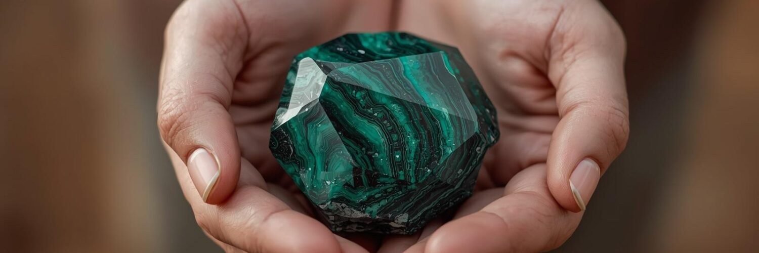 Malachite en main bandes vertes — transformation Isha Kriya