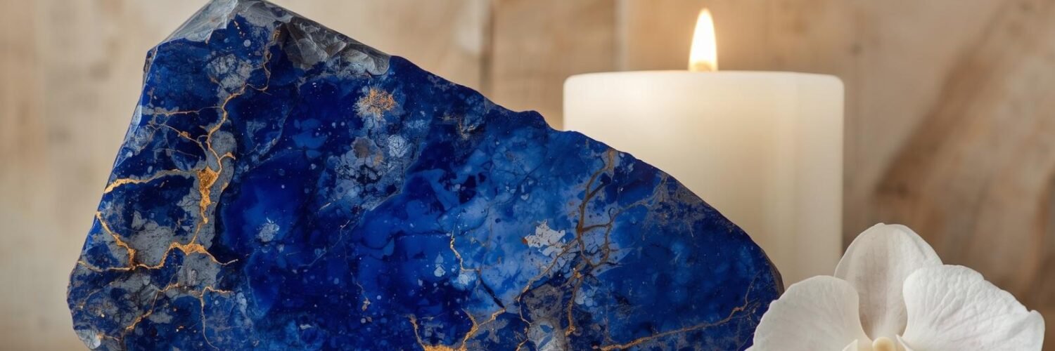 pierre de Lapis-lazuli bleu intense veines or fond doux ou bois clair + bougie ou fleur arrière plan (2) Lapis-lazuli bleu intense veines or — Isha Kriya