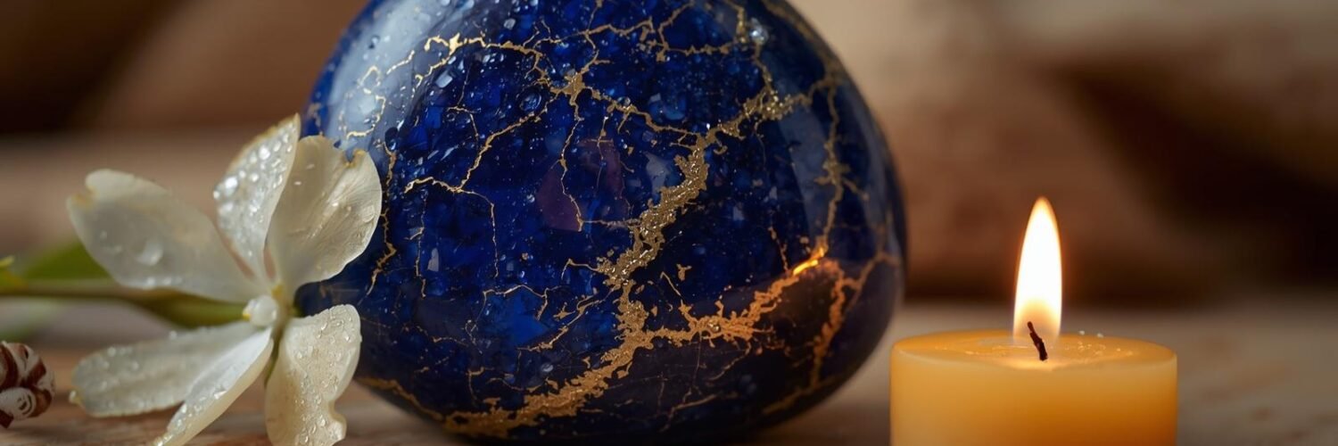 pierre de Lapis-lazuli bleu intense veines or fond doux ou bois clair + bougie ou fleur arrière plan lapis-lazuli sur bureau avec bougie - Isha Kriya